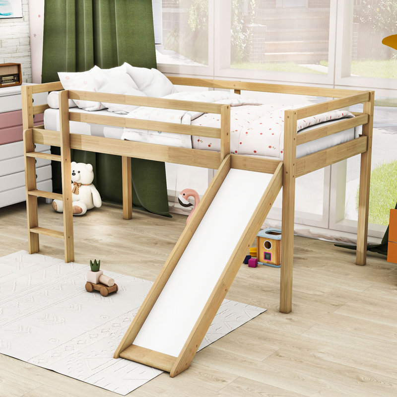 Lit mezzanine simple avec glissade et échelle Kenara, Chêne blanc