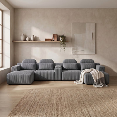 Canapé modulaire modulaire en nuage pour le salon, ensemble de canapé convertible en velours convertible 6 places de 145,72 po avec repose-pieds, canapé moelleux avec méridienne et porte-gobelets