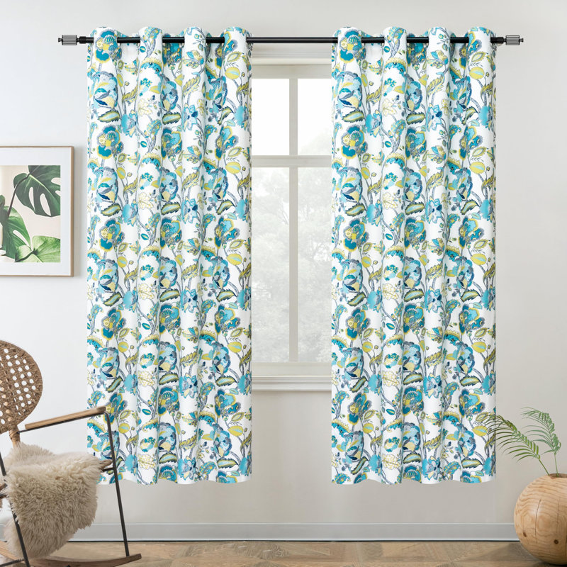 Zayas Room Darkening Curtain Pair, 52" W x 63" L, White Seafoam Gray