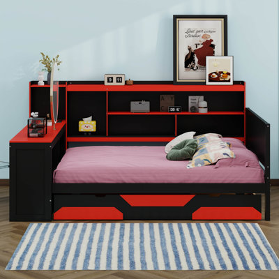 Gaming Daybed With Integrated Desk, Lights & Built-In Charging Station, Wooden Bed Frame With 3 Storage Drawers