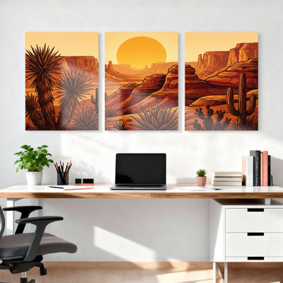 Paysage désertique avec cactus et coucher de soleil, reproduction d'art sur toile tendue sur toile, ensemble de 3
