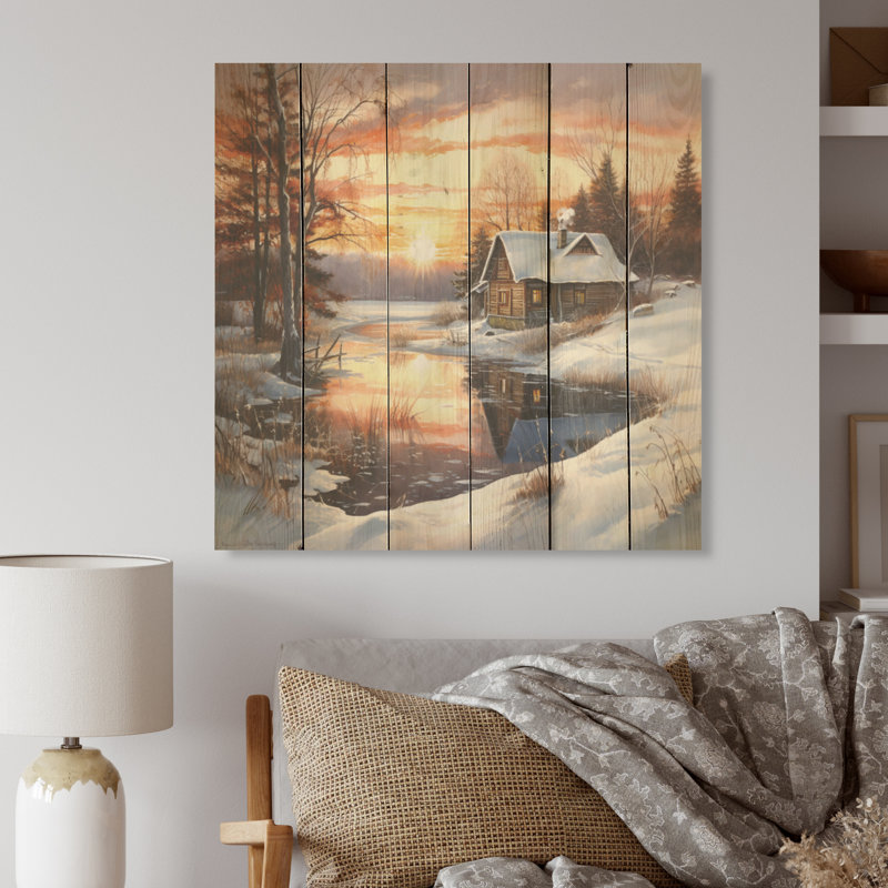 Charme du lever du soleil en hiver I - lever de soleil sur bois de pin naturel, H 15 po x l 15 po