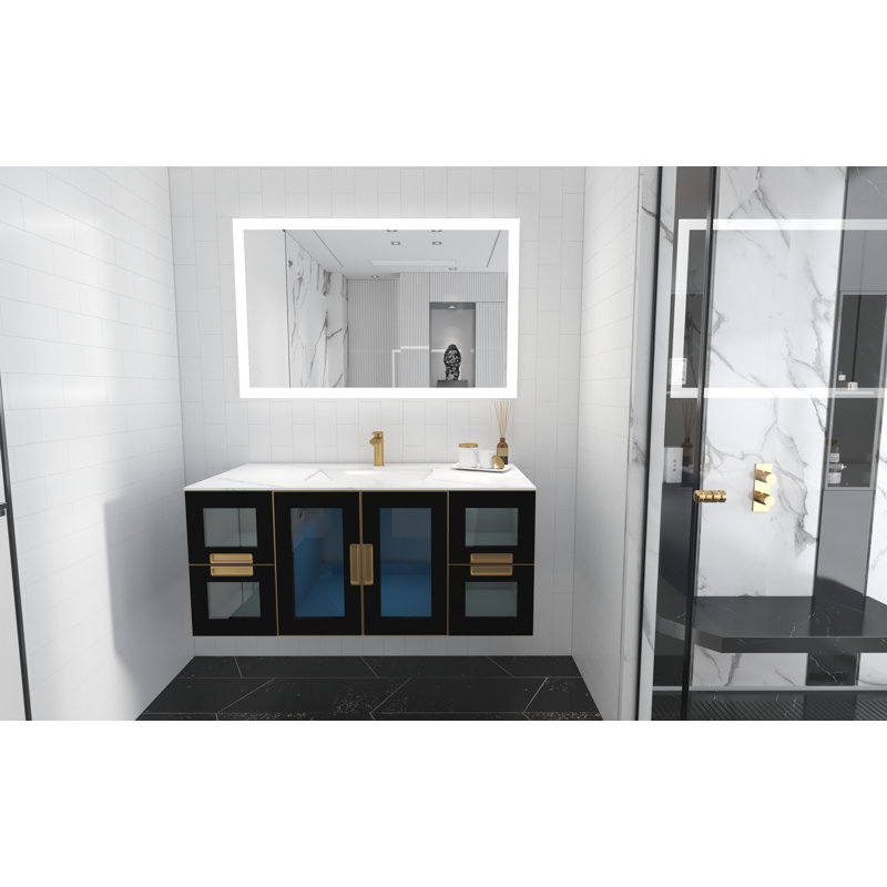 Ensemble de meuble-lavabo mural simple 48 po avec plateau en porcelaine Swaneus, Marbre blanc