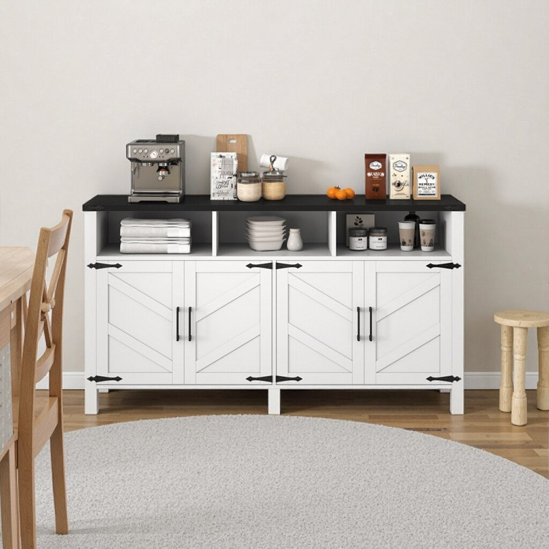 59" Modern Farmhouse Buffet Cabinet with USB Charging Ports & Power Outlets, Adjustable Shelves, Open & Closed Storage for Living Room, Entryway, Dining - White & Black