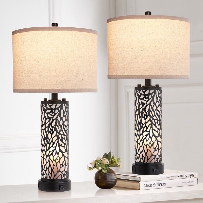 Louann 25" Carved Metal+Glass Table Lamp Set With Night Light And USB Ports, Beige