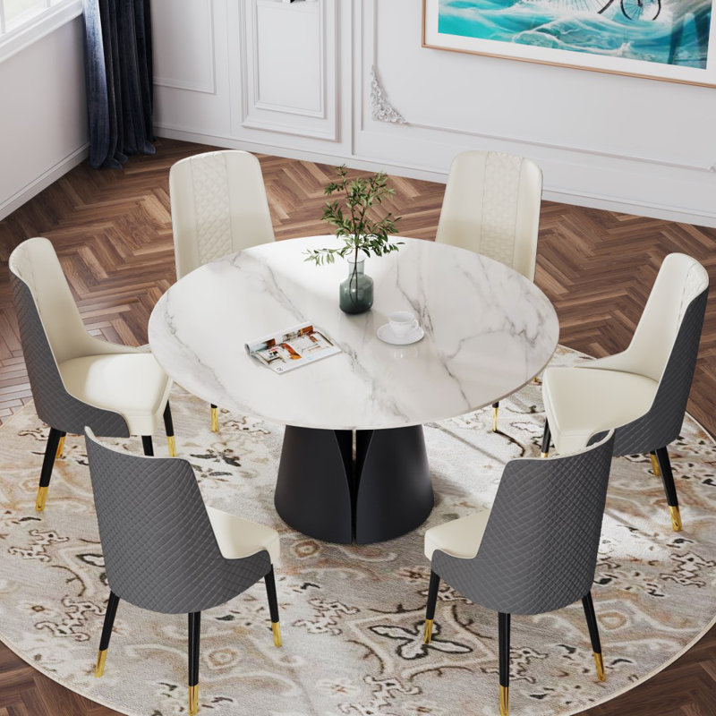 Leilia Modern 7-Pieces Dining Room Sets, Pre-Assembly Round Dining Table Sets, Sintered Stone Tabletop Kitchen Dining Table Set with 6 PU Upholstered Chairs