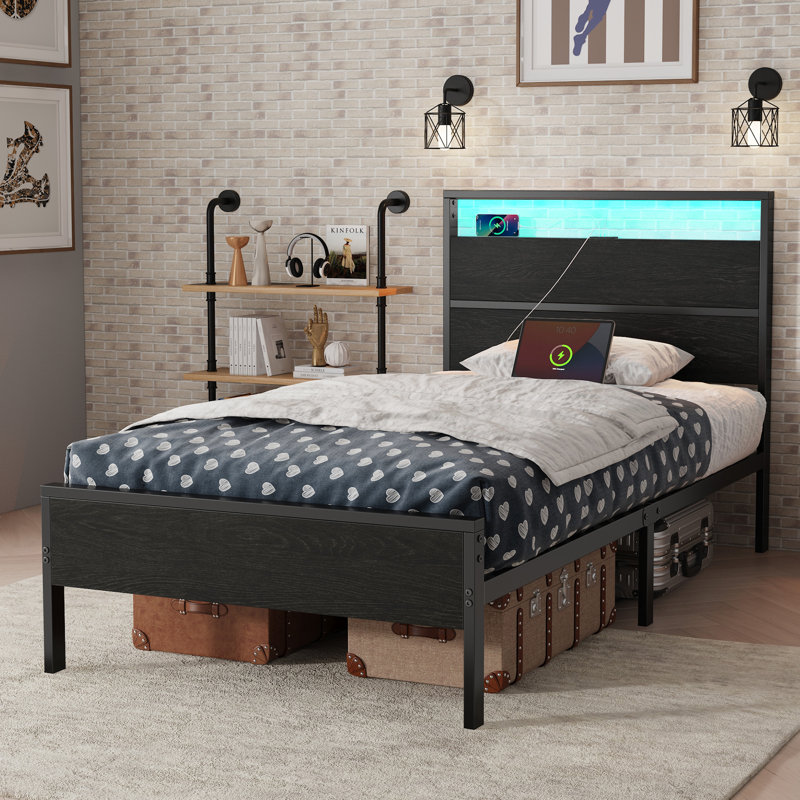 Bed Frame with Headboard, Metal Platform bed with LED Lights, Power Outlets & Under-Bed Storage, Wood, Queen, Dark Black