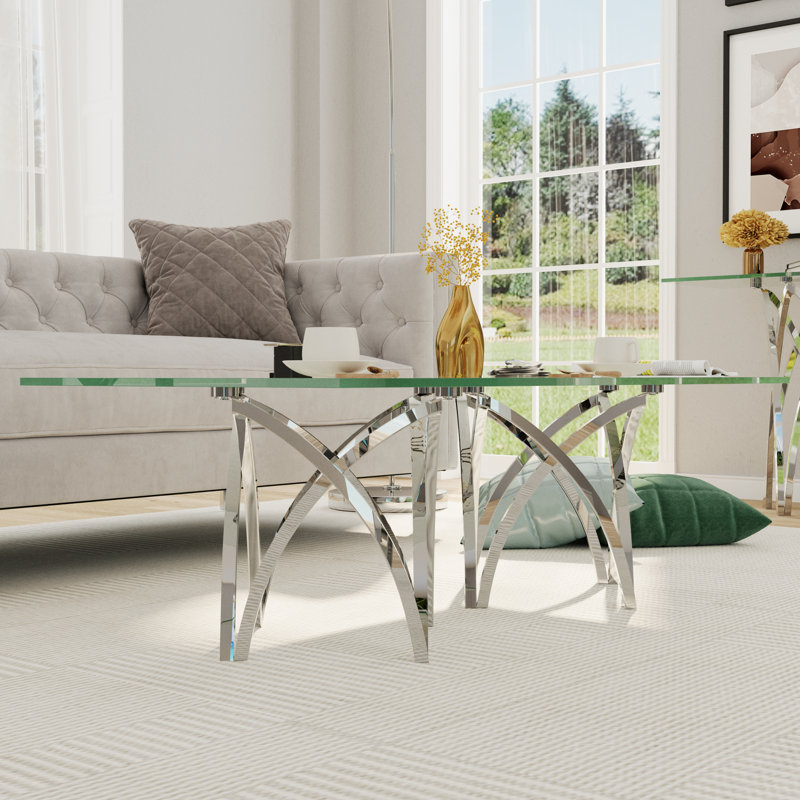 Table basse de salon en verre trempé transparent de 50 pouces avec base en métal argenté en miroir