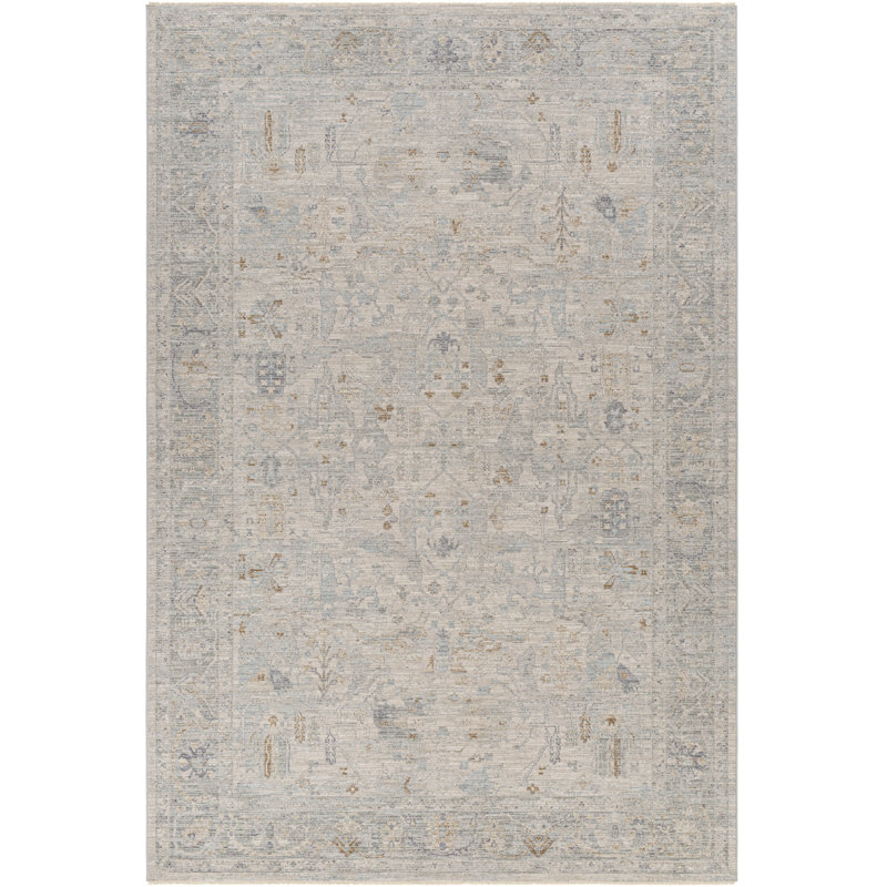Tapis oriental en polyester tissé à la machine Don / Gris clair / turquoise, Rectangle 2 pi 7 po x 4 pi