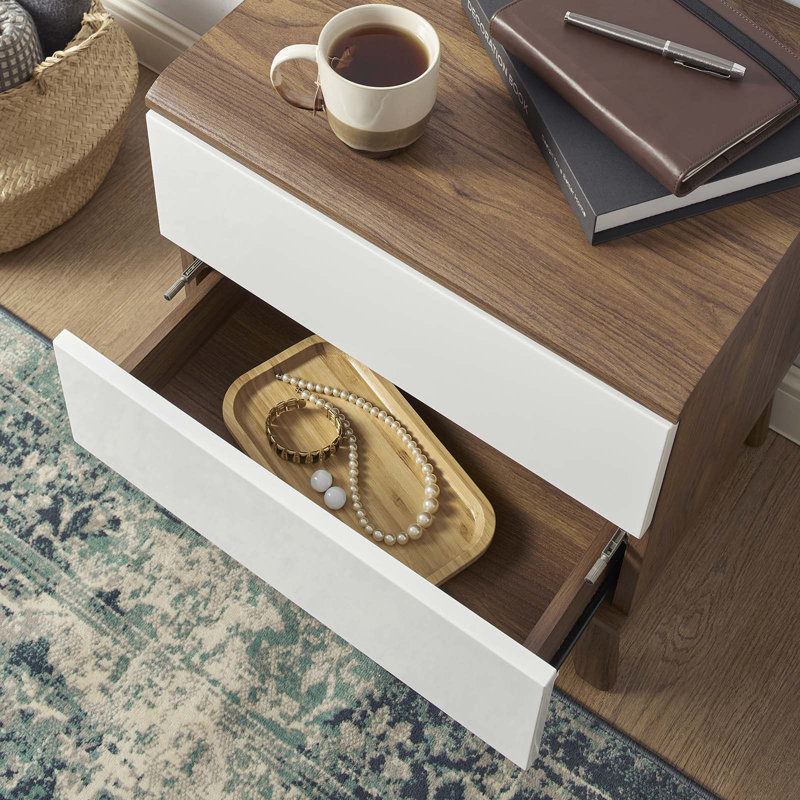 Walnut and White 2-Drawer Nightstand with Tapered Legs