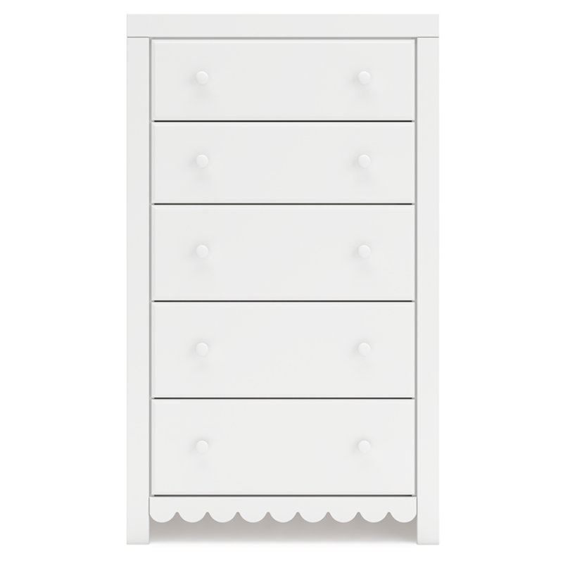 White Transitional Five Drawer Chest with Scalloped Detailing