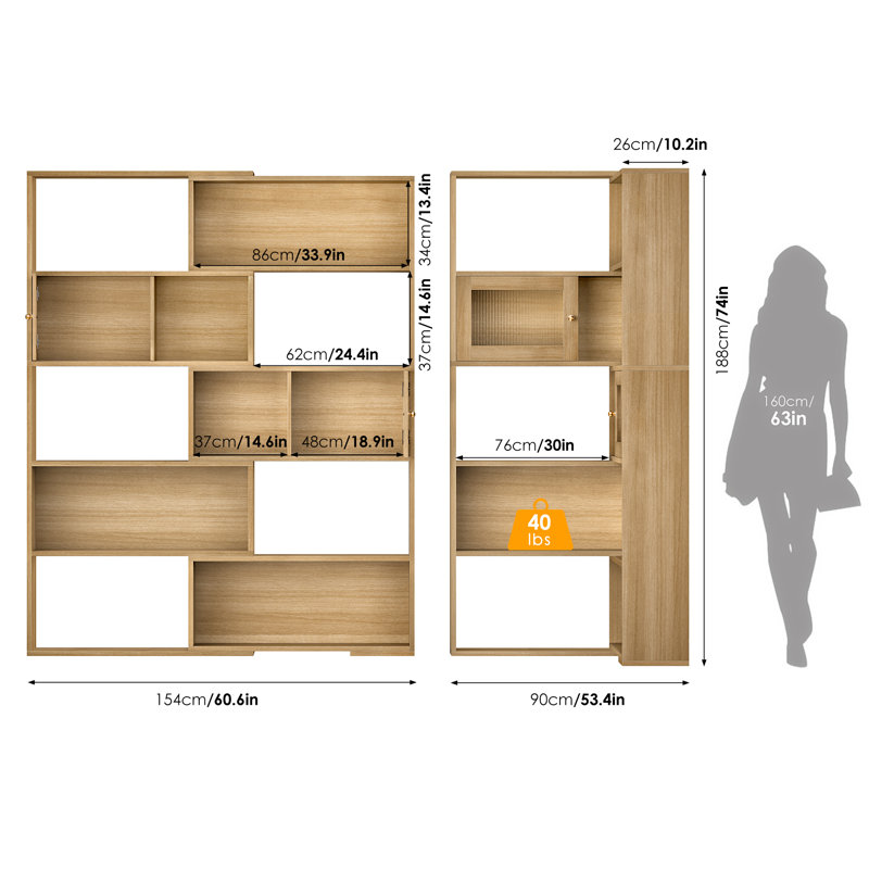 74" H 2-In-1 Bookcase, L-Shaped, 5-Tier Corner Bookshelf, Natural