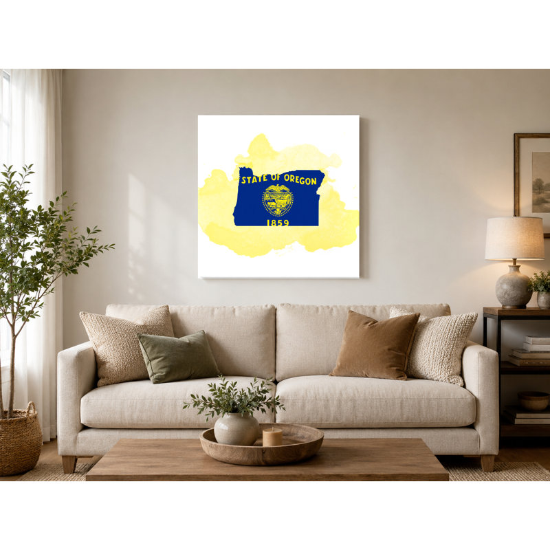 Oregon State Map with Flag - Art mural sur toile carrée, 16" W x 16" H
