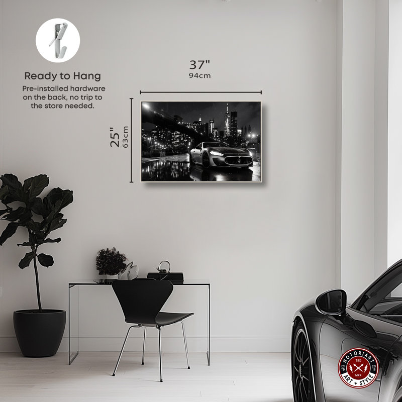 «Noir City Drive», art mural noir et blanc pour hommes par Notoriart, Cadre argenté, H 25 po x l 37 po