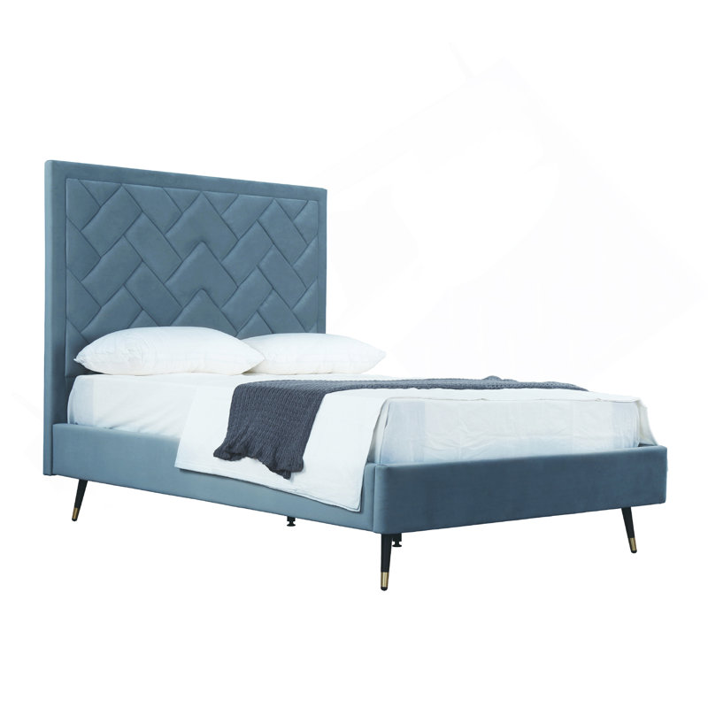 Lit double en velours Crosby, Bleu, Lit double