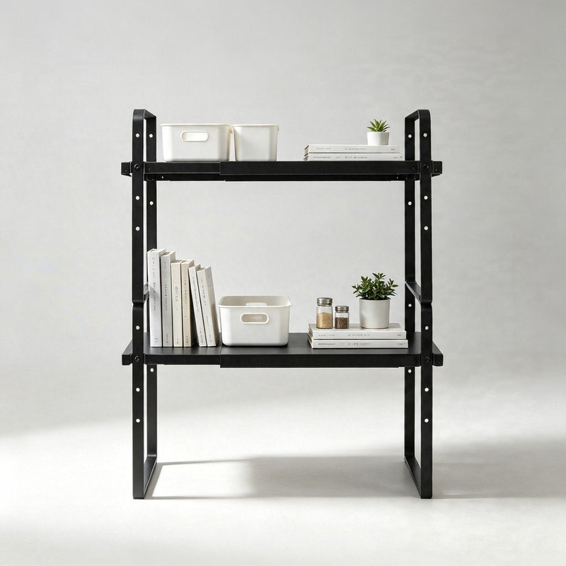 Organisateur de comptoir en fer extensible à 2 niveaux, étagère de rangement empilable moderne, organisateur polyvalent pour dortoir, cuisine, salle de bain et bureau, tablette réglable pour économiser de l'espace, noir