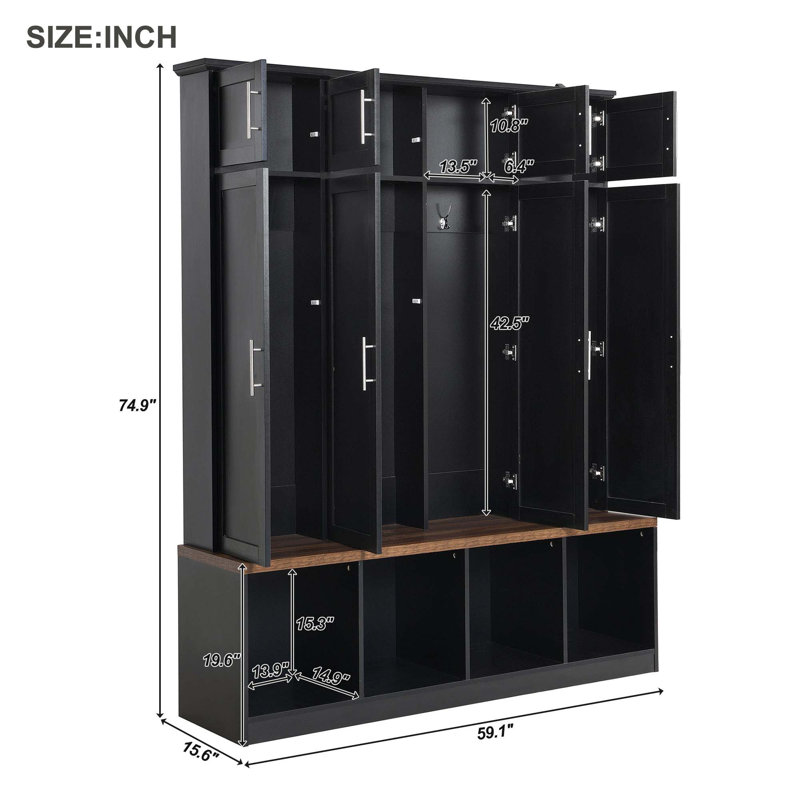 Multi-Functional Hall Tree With 4 Hidden Hanging Hooks, Brown Wood Grain Bench With Multiple Storage Space, Entryway Cabinet With Open Compartments For Living Room, Hallway