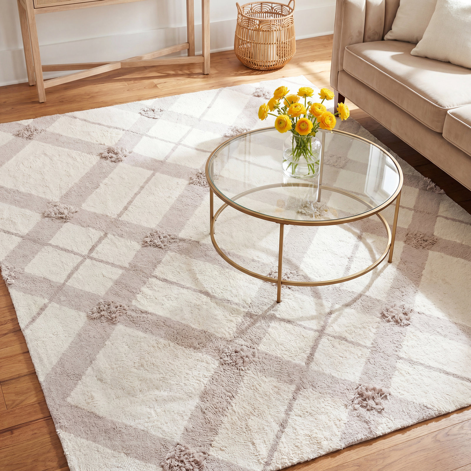 Auguste Beige Washable Hand-Woven Plaid Rug, Rectangle 8' x 10'