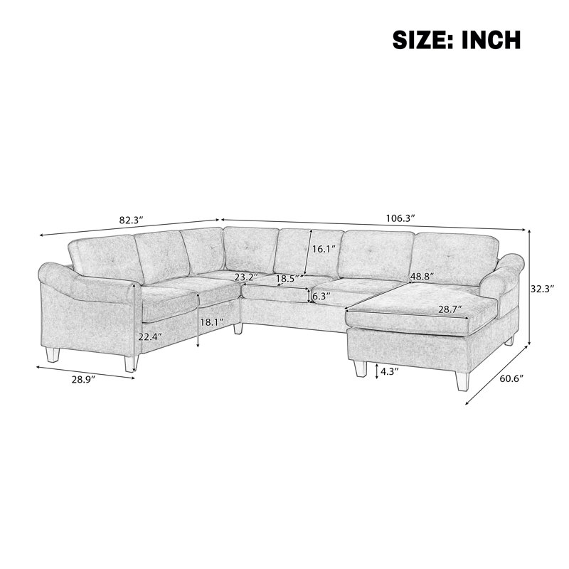 Canapé d'angle modulaire en chenille en forme de U de 106,3 pouces avec accoudoirs évasés et dossier capitonné, Brun