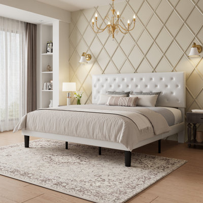 Full Size Modern Faux Leather Upholstered Platform Bed Frame, with Button Tufted Headboard, No Box Spring Needed