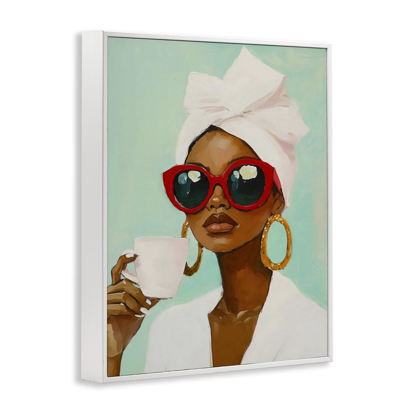 Coffee Lover in Red Sunglasses Framed Giclee, design by The Prints Vibe, 30 x 24, Coastal White Giclee Framed