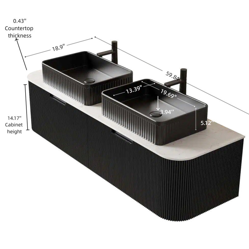 Meuble-lavabo de 60 po avec 2 lavabos rectangulaires noirs, rangement rayé flottant, tiroirs, pré-assemblé, couleur, lavabo, finition 3D, grands lavabos en céramique, cabinet de dureté, tiroir à fonctionnement en douceur,