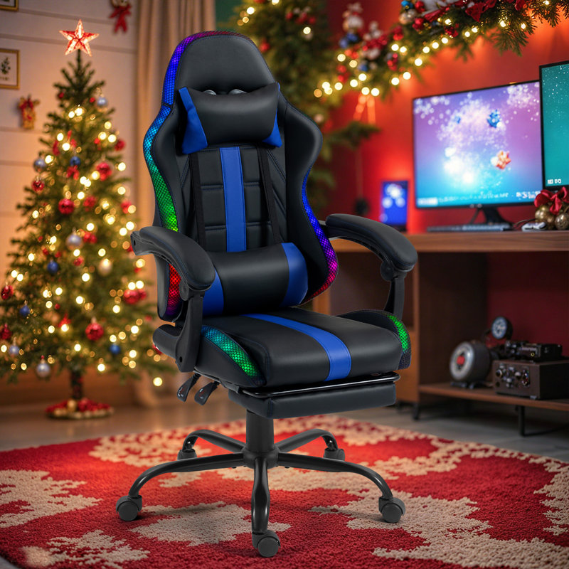 Fauteuil de massage avec jeu RVB à DEL et repose-pieds, Bleu / Noir
