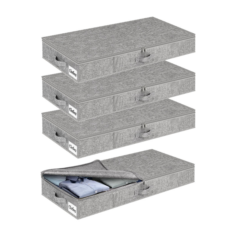 Ensemble de 4 bacs de rangement sous le lit, organisateur de rangement sous le lit à profil bas de 4 pouces pour le dortoir et la maison, utilisation pour la couverture et la boîte de rangement de jouets avec fond / côtés robustes, tissu épais pliable