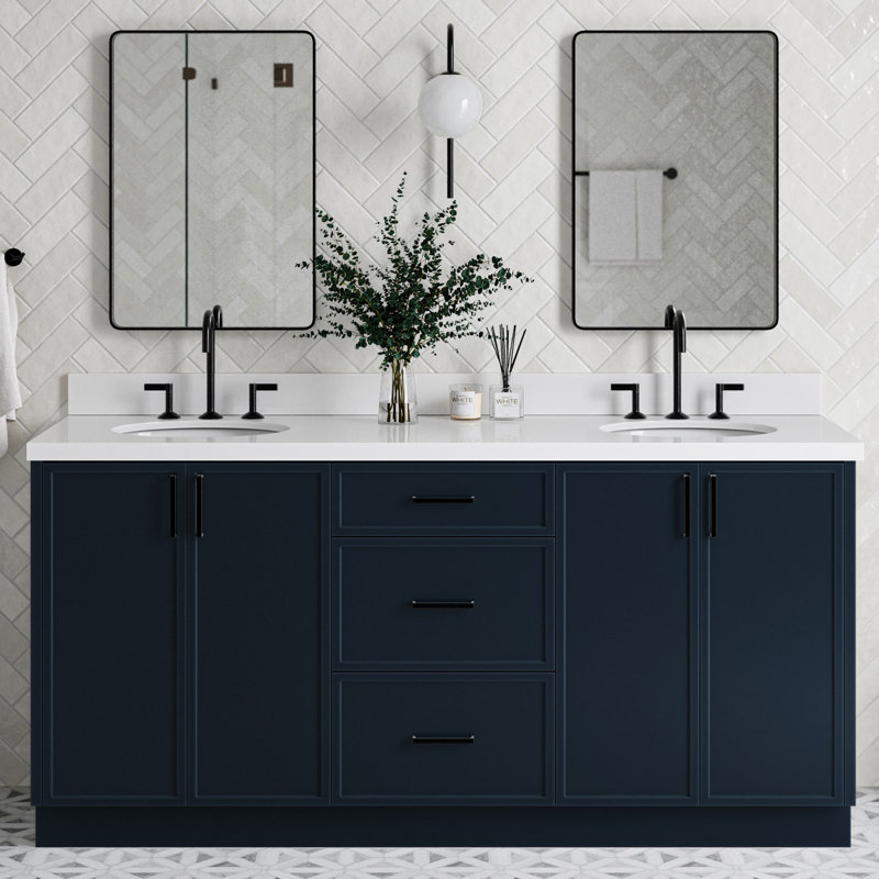ARIEL Kelly 73 Double Sink Bathroom Vanity with Pure Quartz Top, Midnight Blue, Oval, Pure White Quartz