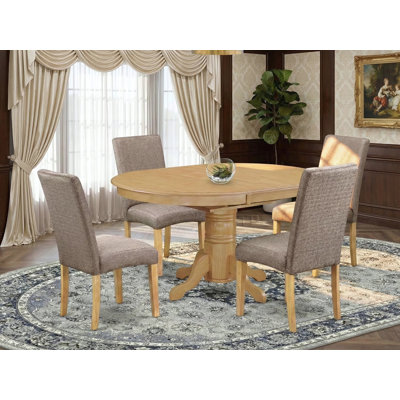 L'ensemble de table de salle à manger 5 pièces comprend une table de cuisine ovale avec feuille papillon et 4 chaises de salle à manger Parson en tissu kaki foncé, chêne