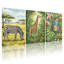 Ensemble de 3 tableaux sur toile tendue représentant un zèbre, une girafe et un papillon, dans le cadre d'un safari animalier.-800130905