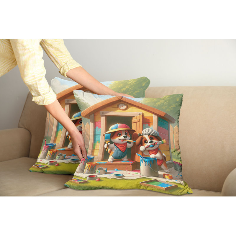 Set of 2 Reversible Microfiber Dog Print Throw Pillows