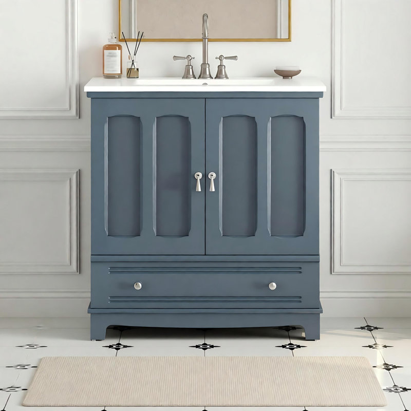 Meuble-lavabo de 30 po avec lavabo en céramique, meuble-lavabo à cadre en bois massif avec tablette réglable, tiroir avec cloison, pieds en bois massif