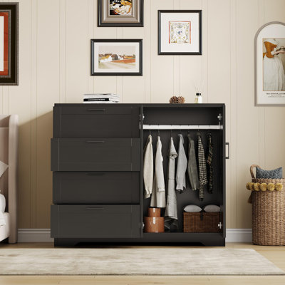  Multifunctional Wooden Dresser for Bedroom, 43.3'' H 2 Door Wardrobe Armoire Closet with 4 Drawers and Hanging Rod, Low Storage Cabinet