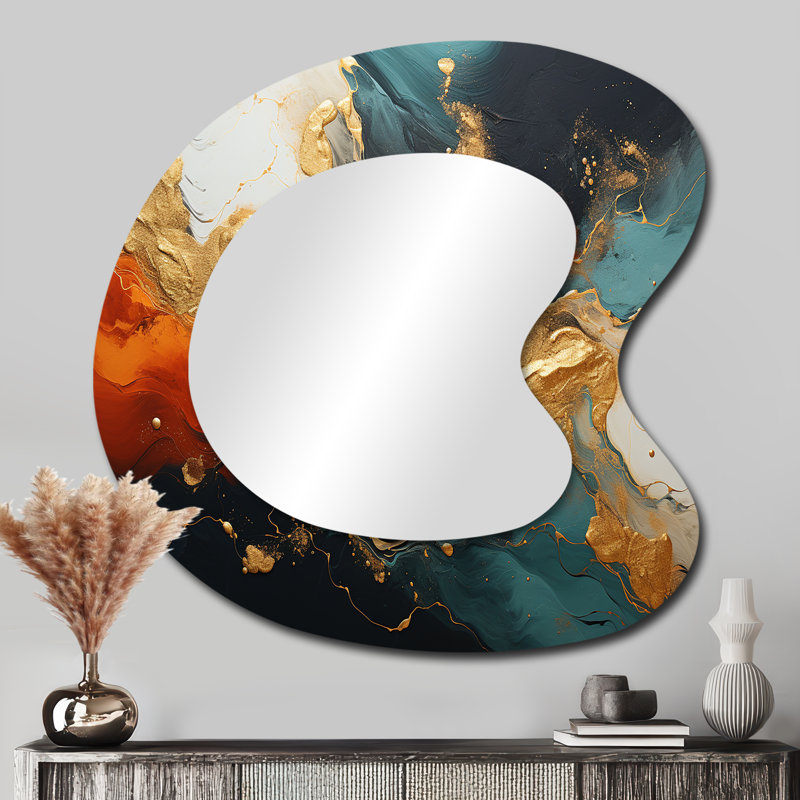 Tempête de marbre bleu et doré Fahid II - peinture abstraite, miroir de forme unique, miroir mural asymétrique orange, impression sur métal