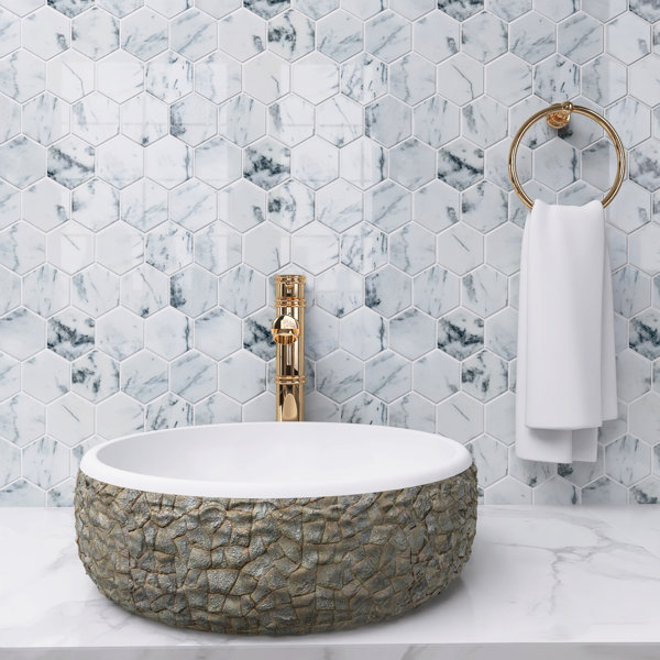 Natural 12.01 in. x 10.44 in. Hexagon Polished Marble Mosaic Tile