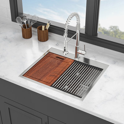 25 Inch 16 Gauge Stainless Steel Workstation Sink With Integrated Ledges And Sound-Dampening Technology