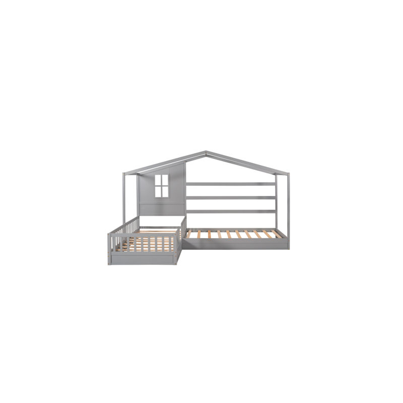 Wood House Bed Twin Size, 2 Twin Solid Bed L Structure With Fence And Slatted Frame, Grey, Grey