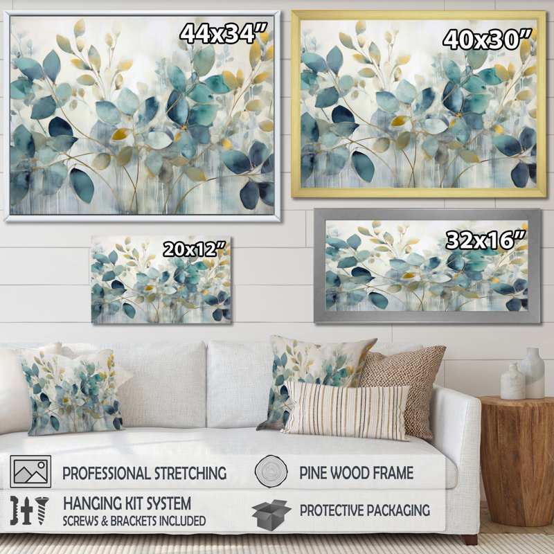 «Blue Botanical Rhythms II - Abstract Botanicals», art mural sur toile, Toile tendue, H 34 po x l 44 po, Sans cadre