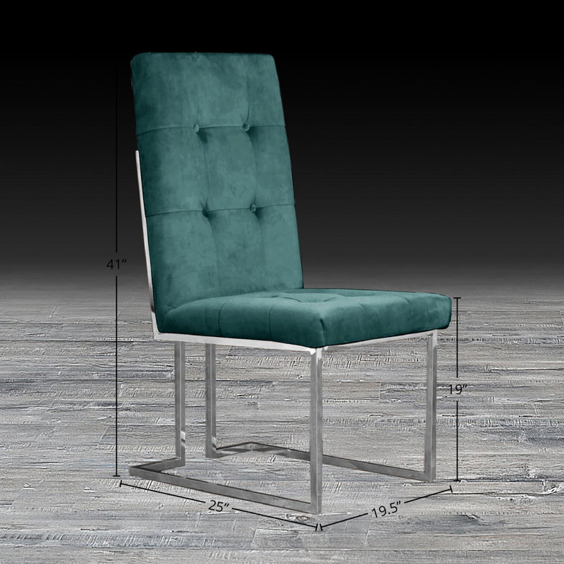 19'' H Velvet Upholstered Side Chair, Silver, Dark Green