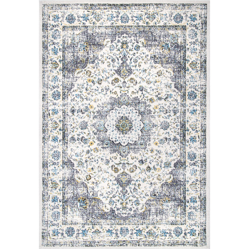 Tapis de couloir à motif de médaillon pour le salon, la chambre à coucher, la salle à manger, le vestibule, le couloir ou la cuisine Julieann, gris / ivoire
