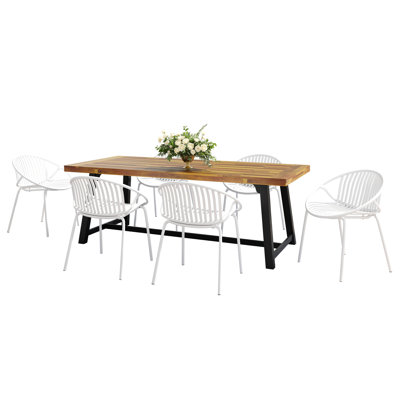 de salle à manger pour l'extérieur avec chaises empilables, table en bois d'acacia, finition blanche et teck