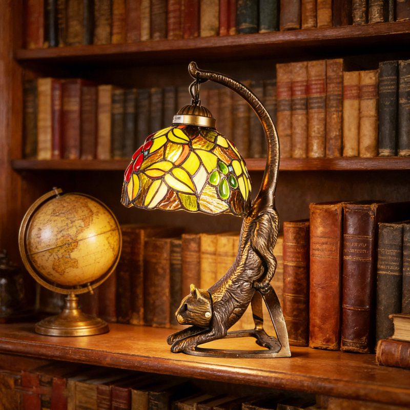 15 Inch High Artistic Cat-shaped Stained Glass Table Lamp; Tiffany Style Bedside Lamp