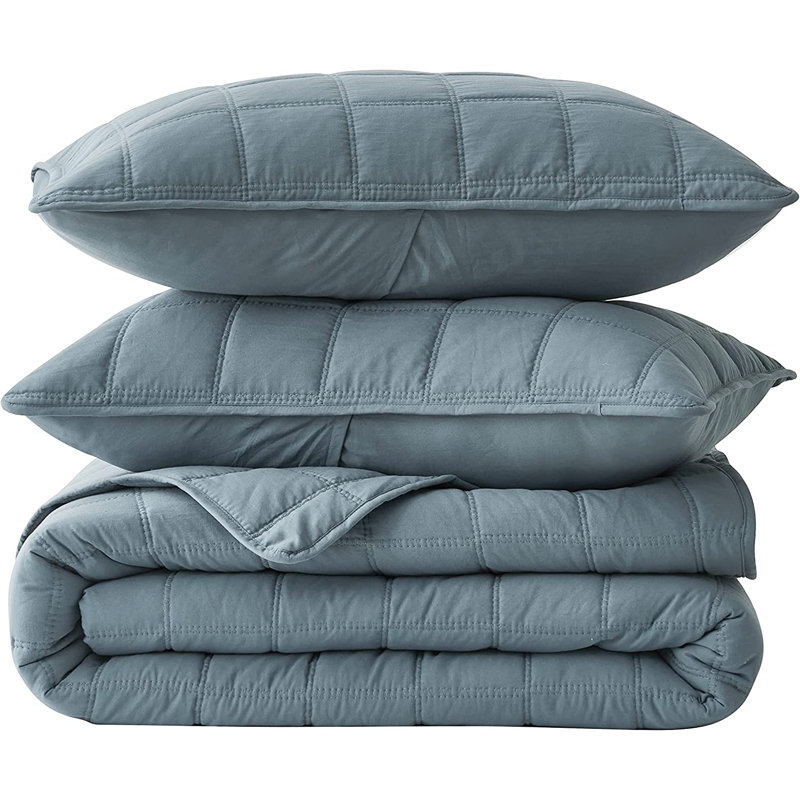 Square Stitch Embroidered Microfiber Quilt Set, Dusty Blue, Queen Quilt + 2 Standard Shams