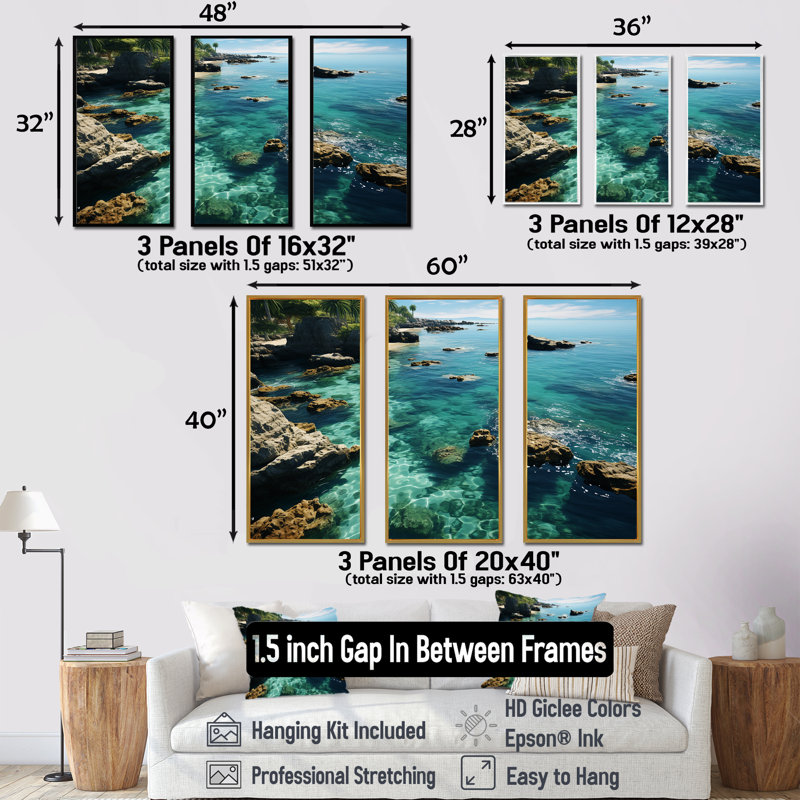 Aérien, paradis de corail, plages tropicales dévoilées I - art mural plage, Cadre flottant noir, H 40 po x l 61 po x P 1 po