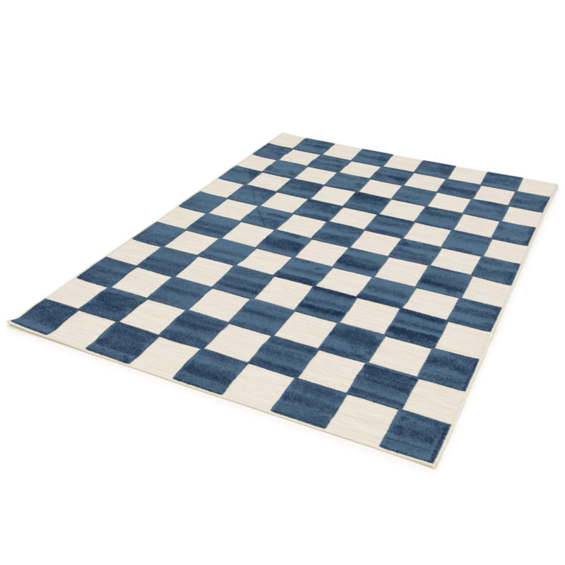 Aurelio Chequered Machine Woven Relief Indoor Outdoor Navy Area Rug, Rectangle 123 x 170cm