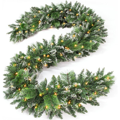 9FT Christmas Garland With Lights 100 LED Prelit Pine Needle, Cypress Leaves, Snow Branches Garland Christmas Decorations With Timer 8 Modes For Mantle Stairs Door Outdoor Décor
