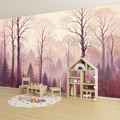 Peel and Stick Wallpaper Forest Trees Misty Pastel Pink Purple Woodland Landscape Wall Murals 69"H x 96"W Removable PVC Wall Paper Self-Adhesive Wall Decor for Bedroom Living Room Home Office