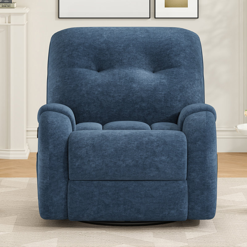 Modern Chenille Swivel Rocking Blue Recliner, Blue