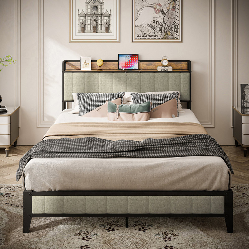  Upholstered Metal Platform Bed with Charging Station, Full, Light Gray